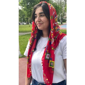 Sobe Hediyelik Kırmızı Pullu Tokat Yazması Çengelköy Deseni Eşarp - 100 x 100 cm Çeyizlik Yazma