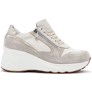 Kadın Bej Bağcıklı Fermuar Detaylı Dolgu Topuklu Deri Sneaker 25AFD370514