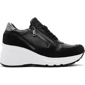 Kadın Siyah Bağcıklı Fermuar Detaylı Dolgu Topuklu Deri Sneaker 25AFD370514