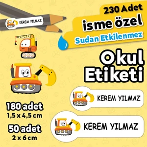 Iş Makinaları Temalı Kişiye Özel Isimli Defter Kalem Okul Etiketi, Yırtılmaz Pvc Etiket