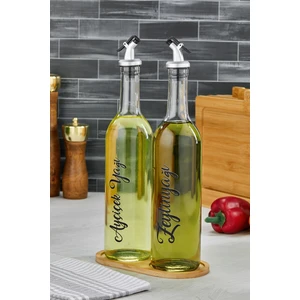 2li 750 ml Ahşap Standlı  Transfer Etiketli Ayçiçek Yağı ve Zeytinyağı  Şişesi Tıpalı Cam Yağdanlık