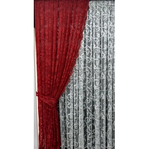 Tül Fon Perde 2 Kanat Tül Fon Perde Bağcıklı Model Sarmaşık Desen Kırmızı