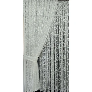 Tül Fon Perde 2 Kanat Tül Fon Perde Bağcıklı Model Sarmaşık Desen Beyaz