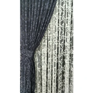 Tül Fon Perde 2 Kanat Tül Fon Perde Bağcıklı Model Sarmaşık Desen Gri