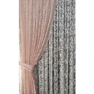 Tül Fon Perde 2 Kanat Tül Fon Perde Bağcıklı Model Sarmaşık Desen Pudra Pembesi