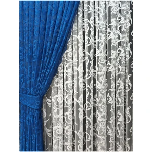 Tül Fon Perde 2 Kanat Tül Fon Perde Bağcıklı Model Sarmaşık Desen Koyu Mavi