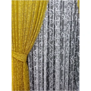 Tül Fon Perde 2 Kanat Tül Fon Perde Bağcıklı Model Sarmaşık Desen Sarı