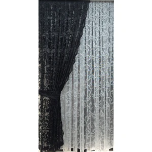 Tül Fon Perde 2 Kanat Tül Fon Perde Bağcıklı Model Sarmaşık Desen Siyah