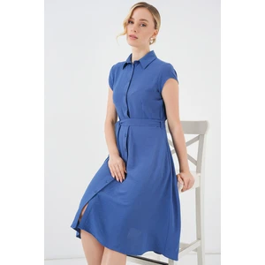 1677 Boydan Düğmeli Kuşaklı Elbise - Indigo