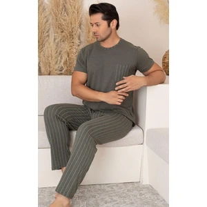 Erkek Kısa Kol Uzun Alt Haki Çizgili Pijama Takımı