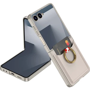 Samsung Galaxy Z Flip 7 Kılıf Ring Yüzüklü Kartlıklı Karbon Deri Desenli Gkk Premium Korumalı Kapak