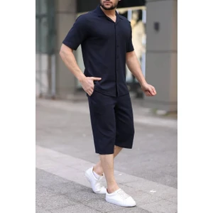 Atk Giyim Erkek Lacivert Fitilli Polo Yaka Kısa Kollu Gömlek Şort Takım | Yazlık Konforlu Şık Kombin