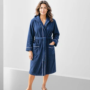 % 100 Pamuklu Laodikeia Kapşonlu Bornoz Kadın Erkek Unisex Lacivert