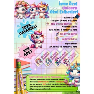 Yeni Unicorn Temalı Kişiye Özel Suya Dayanıklı Okul Etiketi Seti – 258 Adet Isimli Çıkartma