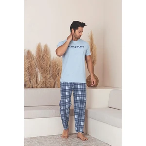 Erkek Kısa Kol Uzun Alt Ekose Desenli Açık Mavi Pijama Takımı