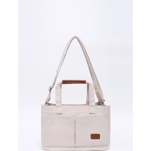 Krem SHK174 Kanvas Kumaş, Üç Bölmeli, Fermuarlı, Çift Askılı, El, Kol ve Omuz Çantası