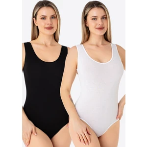 Arma Yıldız Beyaz - Siyah 2'li Kadın Çıtçıtlı Atlet / Body Kalın Askılı Pamuklu Likralı
