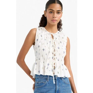 Fitted Bisiklet Yaka Çiçek Desenli Önden Bağlamalı Poplin Kolsuz Bluz F7577AX25AU