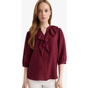 Regular Fit Bisiklet Yaka Volanlı Uzun Kollu Gömlek