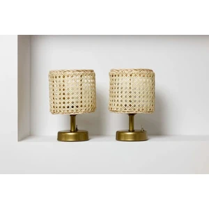 2 'li Hazeran & Rattan Masa Üstü Kablosuz Pilli Abajur Masa Lambası Eskitme Gold