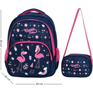 Lisanslı Lacivert Flamingo Desenli Ilkokul Çantası ve Beslenme Çantası