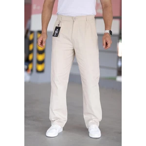 Çift Pileli Bej Renk Beli Yarım Lastikli Kaliteli Rahat Kesim Keten Baggy Pantolon