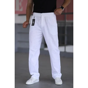 Çift Pileli Beyaz Renk Beli Yarım Lastikli Kaliteli Rahat Kesim Keten Baggy Pantolon