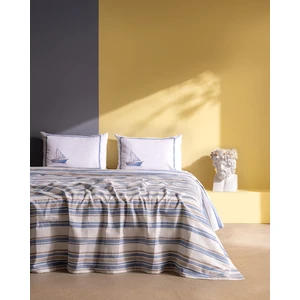 Madame Coco Madeleine Çift Kişilik %100 Pamuk Karde Baskılı Pike Takımı - Mavi/bej