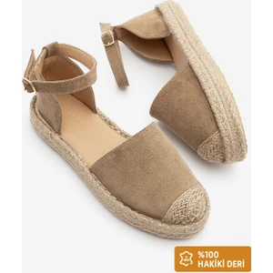 Kadın  Deri Bilekten Bağlamalı Jüt Espadril Olive Süet Sandalet Zoder