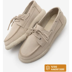 Kadın Hakiki Deri Bağlamalı Loafer Günlük Ayakkabı Enita Bej Süet