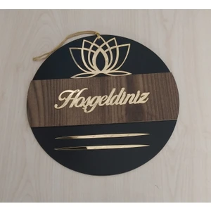 Lotus Desenli Hoşgeldiniz Yazılı Aynalı Pleksi Ahşap Kapı Süsü