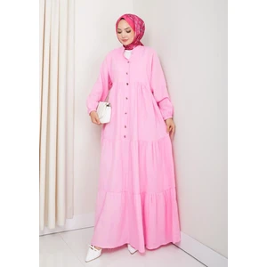 Harma Time Butik Kadın Düğmeli Kat Detaylı Pembe Keten Elbise