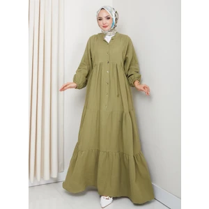 Harma Time Butik Kadın Düğmeli Kat Detaylı Haki Keten Elbise