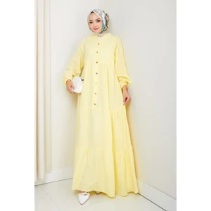 Harma Time Butik Kadın Düğmeli Kat Detaylı Sarı Keten Elbise