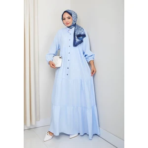 Harma Time Butik Kadın Düğmeli Kat Detaylı Mavi Keten Elbise