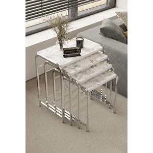 Defne 4' Lü Zigon Sehpa Gümüş Ayak Beyaz Mermer Desen 18 mm Mdf