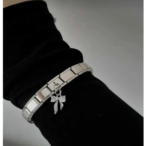 Çelik Taşlı Kurdele Fiyonk Italyan Charm Bileklik 19 cm