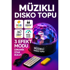 Bluetooth Hoparlörlü Disko Topu LED Işık USB Müzik Çalar, KUMANDALI,360°  Eğlence Lambası