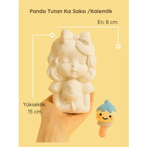 Panda Tutan Kız Seramik Biblo | Boyanabilir Saksı | Hobi & Dekorasyon Ürünü