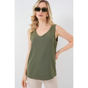 V Yaka Sıfır Kol Bluz 950 - Haki