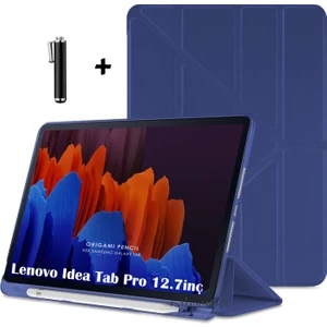 Lenovo Idea Tab Pro 12.7 Inç 2025 Kılıf Kalem Bölmeli Katlanabilir Standlı Koruyucu Yumuşak Silikon Akıllı Kapak + Dokunmatik Kalem 2li Set