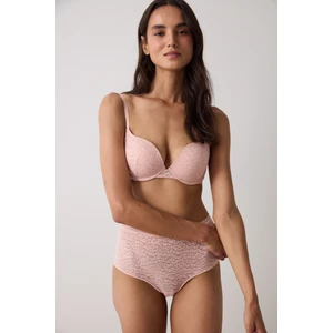 Açık Gül Kurusu Lol Up Lace Çiçekli Balenli Push Up Sütyen