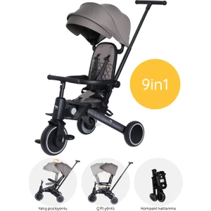 Merkür Bebe 9in1 Hawk Çift Yönlü Katlanabilir Yatabilir Ayak Destekli Üç Tekerlekli Bebek ve Çocuk Bisikleti Yeşil