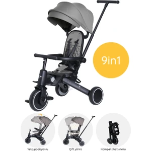 Merkür Bebe 9in1 Hawk Çift Yönlü Katlanabilir Yatabilir Ayak Destekli Üç Tekerlekli Bebek ve Çocuk Bisikleti Gri