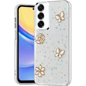 Samsung Galaxy A35 Uyumlu Kılıf Fiyonk Desenli Sert Şeffaf Simli Kamera Çıkıntılı Gümüş Parlak Kapak