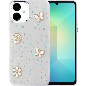 Samsung Galaxy A06 Uyumlu Kılıf Fiyonk Desenli Sert Şeffaf Simli Kamera Çıkıntılı Gümüş Parlak Kapak