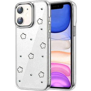 Apple iPhone 12 Uyumlu Kılıf Fiyonk Desenli Sert Şeffaf Simli Kamera Çıkıntılı Gümüş Parlak Kapak