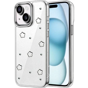 Apple iPhone 15 Uyumlu Kılıf Fiyonk Desenli Sert Şeffaf Simli Kamera Çıkıntılı Gümüş Parlak Kapak