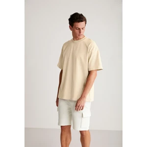 Erkek Krem Oversize Bisiklet Yaka %100 Organik Pamuk Düz Basic Yazlık T-Shirt