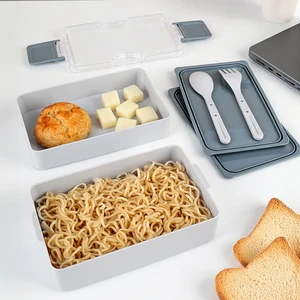2 Katlı Kilitli Beslenme Kabı - Kendinden Çatal Kaşıklı Lunch Box Beslenme Kutusu Saklama Kabı Gri